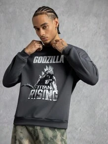 GODZILLAxKONG X SHEIN 男式字母与怪物图案圆领长袖套头衫 - 深灰色 - 查看 4