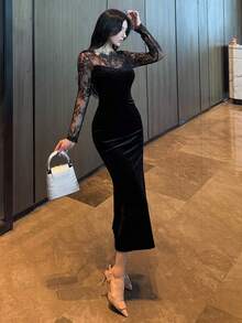 DAZY Váy midi đuôi cá phối ren chắp vá cho nữ, váy dài tay mùa thu - màu đen - Xem 5