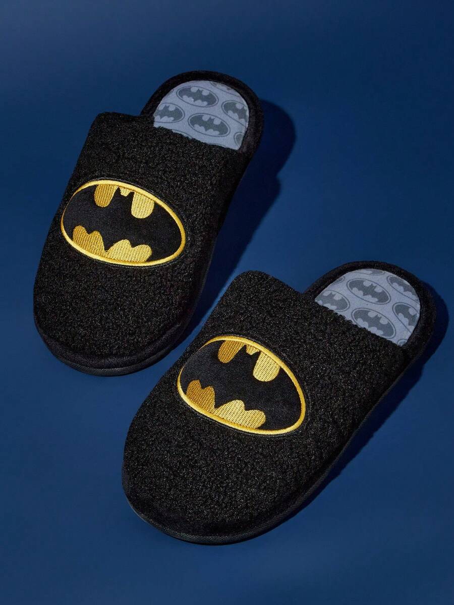 BATMAN X SHEIN 时尚金色刺绣男女防滑室内拖鞋柔软毛绒保暖冬季家居鞋耐用鞋底黑色，居家卧室空调房春秋季男女通用 - 黑色 - 查看 1