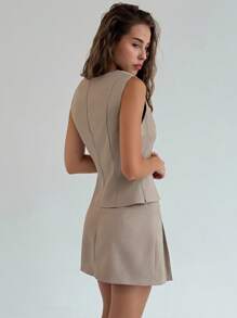 Aloruh Women's Khaki Deep V-Neck Sleeveless Vest & Pleated A-Line Skirt Set,Summer Elegant Work Minimalist Commuter Outfits,Teacher Fall Clothes For Women - Khaki - View 7