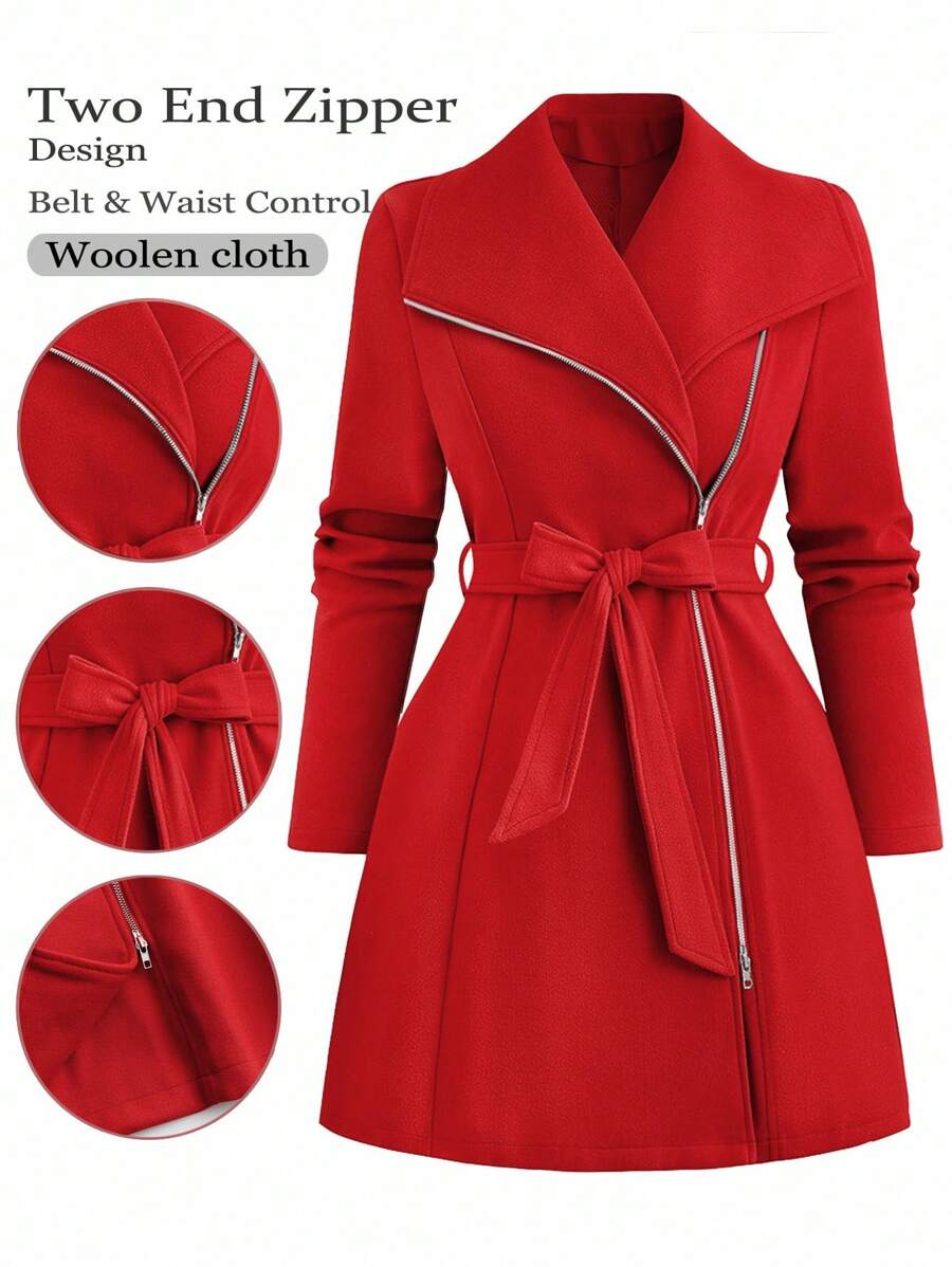 EMERY ROSE Plus Size Women's Solid Color Lapel Long Sleeve Zipper Front Elegant Overcoat Fall Winter Cloth For Women Autumn - Red - View 1