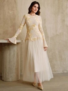 Anewsta Váy dài chắp vá thanh lịch ôm vừa vặn dành cho nữ, thích hợp cho các buổi hẹn hò, tiệc tùng - Màu be - Xem 5