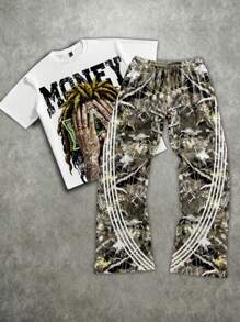 SHEIN Bolty 2pcs Tween Boy Crew Neck T-Shirt And Flared Pants Set With Leaf Pattern, Casual Summer Outfit Boys Hip Hop Clothing Boys Outfit Sets Money Outfit Tween Street Wear Set Drippy Outfits Boy - Multicolor - View 2