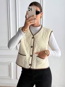 SHEIN Frenchy 女士休闲单排扣背心夹克，冬季外套 - 杏色 - 查看 5