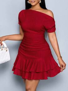 Elegant Mini Dress For Parties And Daytime Events, Featuring An Asymmetrical Neckline, Long Sleeves, Gathered Details, And A Double Ruffle, Made Of Apricot-Colored Knit Fabric For Women. - 肉桂靈感 - 查看 4