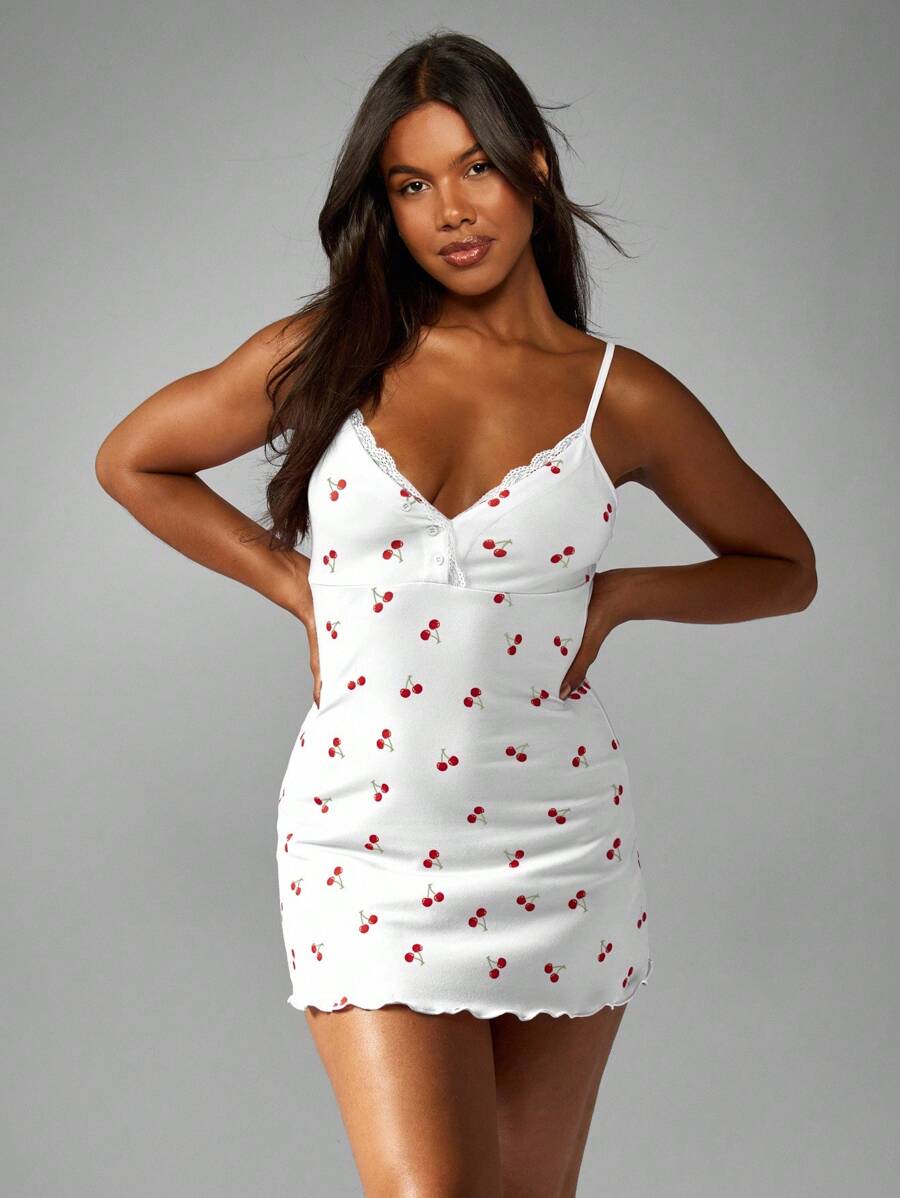 MISSGUIDED Cherry Print Night Dress Plunge Neck Mini Sleep Dress With Lace Trim Button Front Spaghetti Strap Summer Spring Sleepwear Nightgown - White - View 1