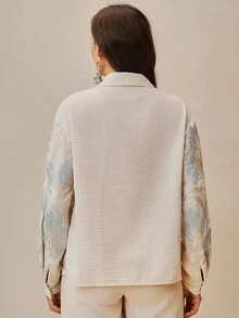 Anewsta Floral Embroidered Beaded Oversized Dropped Shoulder Long Sleeve Shirt - Baby Blue - View 2