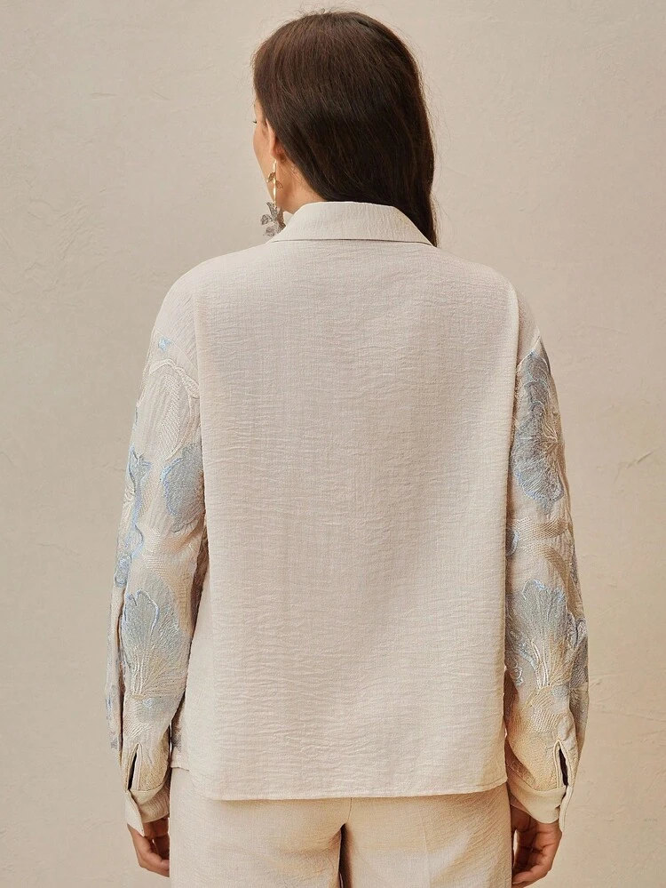 Floral Embroidered Beaded Oversized Dropped Shoulder Long Sleeve Shirt