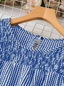 DreamSkyne 大码女式格子圆领荷叶边设计短袖休闲衬衫 - 寶藍色 - 查看 3