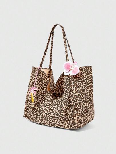 Fairycore Fashionable Summer Leopard Print Shoulder Bag, Large Capacity Beach Tote Bag For Women