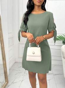 Elenzga Women's Round Neck Hollow Studded Bow Decor Casual Shell Hem Dress