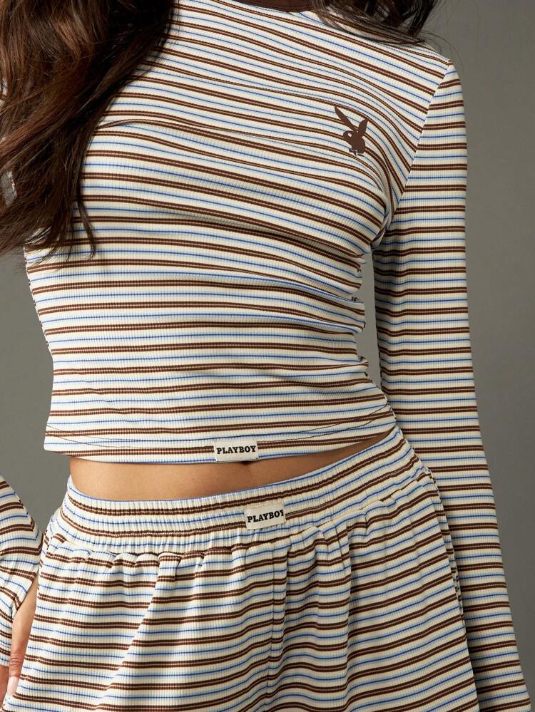 Missguided x Playboy Retro Style Ribbed Knit Long Sleeve Crop Top Stretch Form Fitting Striped Pattern Classic Brown White Design Fall Winter Casual Basic Layer Piece