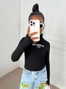 Tween Girl Casual Fitted Black Crew Neck Printed T-Shirt Autumn Fall Winter - Black - View 6