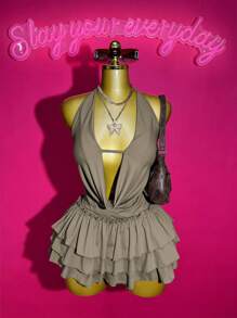 Slaydiva 2 Pieces Set: Sleeveless V-Neck Halter Top + Ruffled Mini Skirt With Bow Decoration, Chic Streetwear Outfit, Suitable For Music Festival, Easter, Graduation Season, Casual Wear, 2025 Spring/Summer New Arrival - Khaki - View 1