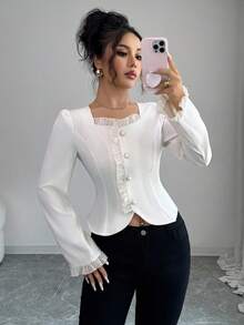 Elenzga Nouvelle blouse élégante à manches longues avec col carré et volants, couleur unie, automne