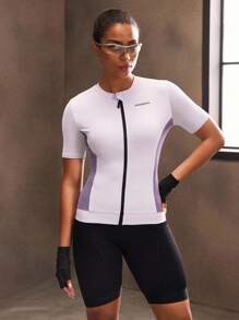 Powerista 女式休闲拼色拉链骑行服上衣，夏季 - 紫色 - 查看 4