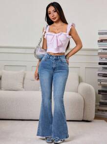 SHEIN PETITE Women's Blue Fashionable Versatile Frayed Hem Flared Casual Jeans - Blue - View 7