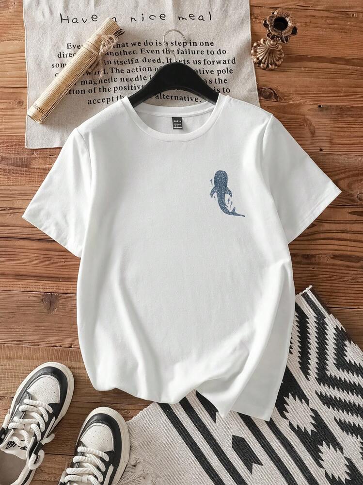 SHEIN Attitoon Lässiges Damen T-Shirt mit Rundhalsausschnitt und kurzen Ärmeln, figurbetont, geeignet für Sommer, Strand, Hai-Muster - Weiss - Übersicht 6
