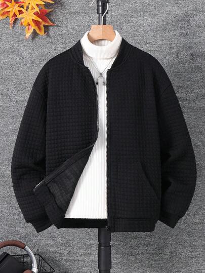 SHEIN 1 件青少年男孩休闲运动学院基本款棒球夹克，采用纹理材料，适合返校，适合生日派对、晚会、表演、婚礼、洗礼、开幕式，日常适合日常使用，适合上学，适合旅行，适合运动，适合春、秋、冬季节，适合返校黑色上衣外套男孩