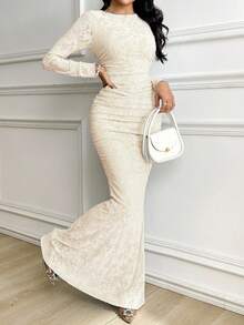 Veilorie 女式优雅简约纹理褶饰鱼尾下摆连衣裙 - 杏色 - 查看 3