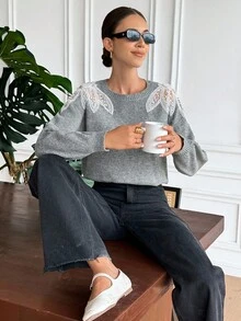 Serisse 女士刺绣薄纱圆领优雅套头毛衣，秋季女装，时尚秋装，优雅，商务休闲，外出上衣，教师装，返校季，欧式复古重工风，女士冬季毛衣，时尚秋装，休闲款 - 灰色 - 查看 1