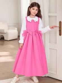 SHEIN Sparklyn Girls' Pink Minimalist Stylish Sweet Long Sleeve Dress Girls Pink Dress With Bow Pink Bow Dress For Girls Girls Pink Long Dress Girls Preppy Dress Girls Pink Special Occasion Dress Bow Decoration - Pink - View 1