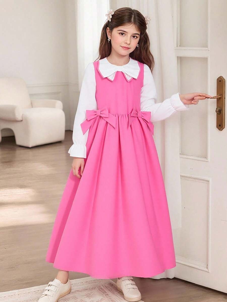 SHEIN Sparklyn Girls' Pink Minimalist Stylish Sweet Long Sleeve Dress Girls Pink Dress With Bow Pink Bow Dress For Girls Girls Pink Long Dress Girls Preppy Dress Girls Pink Special Occasion Dress Bow Decoration - Pink - View 1