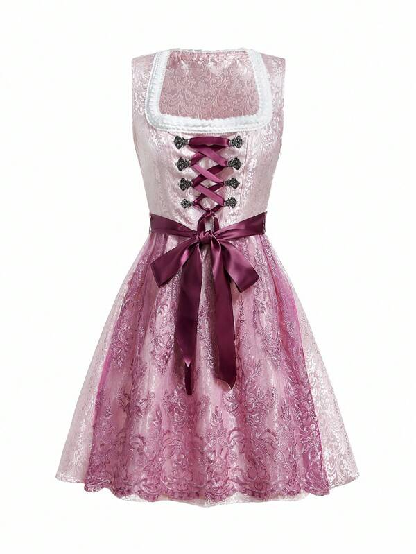 SHEIN Frenchy Damen Vintage Staubiges Rosa Dirndel Kleid, Sommer Elegantes Blumen besticktes Mesh Schnürung Gürtel Mini Kleid für Oktoberfest Festival Urlaubs Dinner