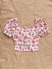 Soleia 大码女式浪漫花卉印花甜心领泡泡袖荷叶边系带上衣 - 彩色 - 查看 2