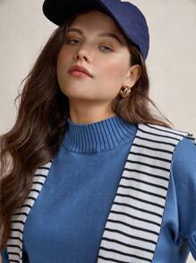 Zelara Plus Size Women's Blue Crew Neck Button Decor Pullover Sweater And Wide Leg Pants 2 Pieces Casual Loose Set, Warm For Autumn & Winter Fall - Blue - View 2