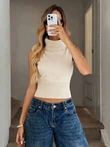 Easowa Áo len dệt kim không tay ôm sát cổ cao, dáng rộng thoải mái, phong cách cổ điển dành cho nữ - Màu be - Xem 1