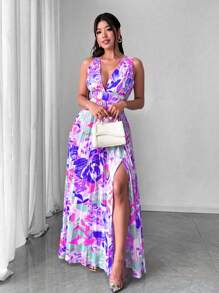 Elenzga Robe d'été élégante à col V sans manches, imprimé floral, plissée avec fente à la taille, pour les grandes tailles