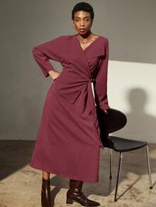 GENKIRA Cross Waist Slim Retro High-End 2 In 1 Lapel Long Sleeve Dress Dresses For Women Elegant  - Burgundy - View 3