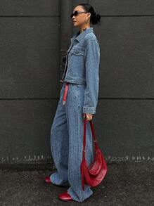 DAZY Women's Casual Textured Denim Jacket And Wide Leg Jeans Set, Autumn,Fall Women Clothes - Blue - View 4