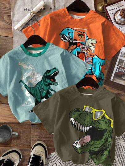 SHEIN Set de 3 camisetas de manga corta de punto informal y cómoda para niños pequeños, adecuado para el verano