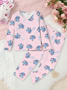 SHEIN Playful Pals 2件套少女可爱蓝兔子和草莓印花牛奶丝针织面料宽松长袖上衣和裤子睡衣套装 - 粉色 - 查看 3