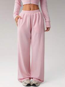 SHEIN ICON Pink Wide-Leg Knitted Sweatpants With Pockets Extra Long For Casual Comfort - Pink - View 3