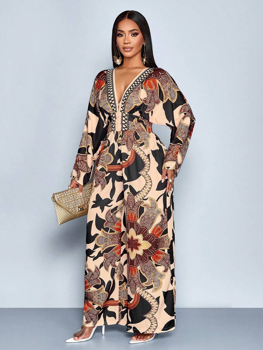 SOLERSUN Tuta elegante da donna con maniche a pipistrello e stampa a catena - Castano - Visualizzare 1