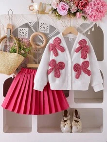 女童针织柔软毛绒开衫，饰有蝴蝶结和珍珠，搭配百褶裙套装，粉色，适合春秋冬季穿着的可爱女童装。 - 粉色 - 查看 8