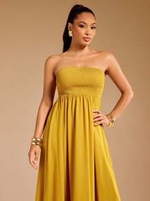Vixey Solid Woven Shirred Bust Strapless Tiered Maxi Sun Dress, Yellow Maxi Dress, Smocked Maxi Dress, Yellow Sundress, Long Sundress, Tiered Maxi Dress, Vacation Outfits For Women