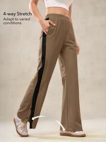 OutZeal Pantalon large à fente latérale avec blocs de couleurs stretch et toucher frais, pour un usage quotidien et décontracté pour femmes - Tabac - Voir 2