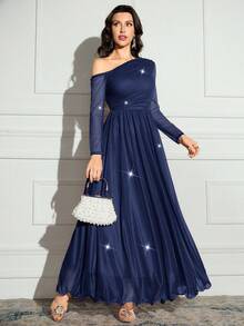 Modelyn 女士时尚优雅浪漫不对称领长袖连衣裙 - 藏蓝色 - 查看 4