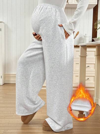 SHEIN Autumn And Winter Women's Winter Clothes Maternity Casual Thermal Lined Sweatpants, Suitable For Autumn/Winter Wide Leg Sweatpants Comfy Pants Two Pieces Set Women Comfy Tall Sweatpants For Women Flared Sweatpants