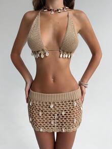 Aloruh Bộ 2 áo len tua rua phong cách Bohemian thường ngày cho kỳ nghỉ của phụ nữ - Màu Khaki - Xem 3