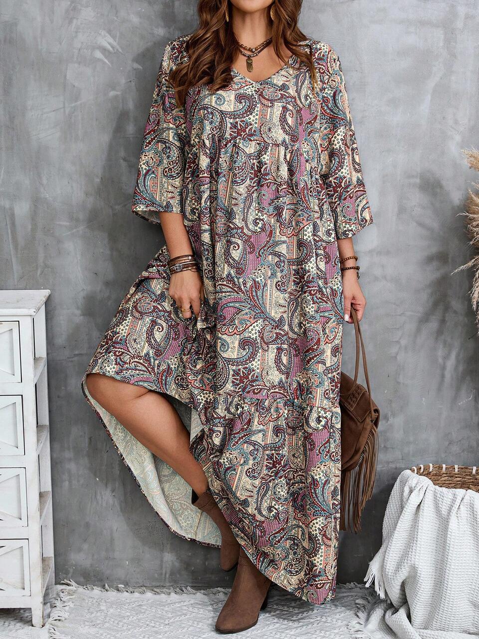 Plus Size Women's Light Purple Cashew Paisley Print V-Neck 3/4 Sleeve Loose Maxi Dress,Boho,Autumn,Vacation,Holiday,Fall Clothes Casual Vacation Dress