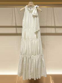 SHEIN فستان نسائي أكمام بلا أكتاف أحادي اللون بذيل مجعد ومزين بفيونكة حول الرقبة - أبيض - مشاهدة 1