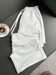 Hanevo Quần nỉ ống đứng cạp cao có dây rút đính đá thời trang dành cho nữ - trắng - Xem 4