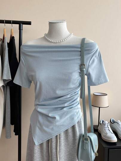 INAWLY Plus Size Women's Casual Everyday Commute Simple Solid Color Off Shoulder Ruched Fitted T-Shirt, Summer