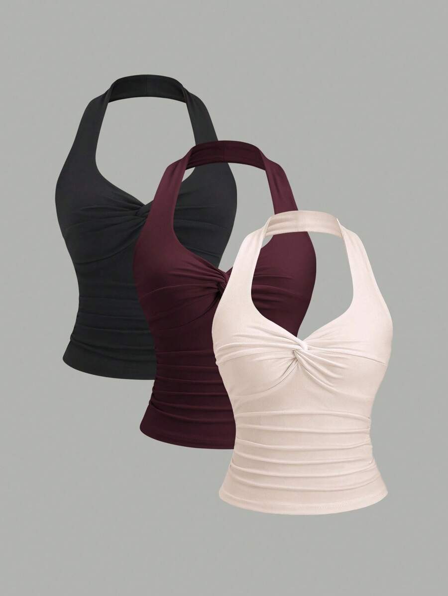 Sweetra Women's Y2K Sexy Twist Halter Versatile Simple Pleated Camisole - Multicolor - View 1