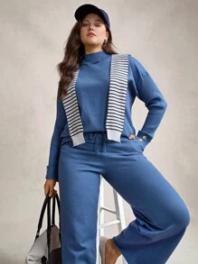 Zelara Plus Size Women's Blue Crew Neck Button Decor Pullover Sweater And Wide Leg Pants 2 Pieces Casual Loose Set, Warm For Autumn & Winter Fall - Blue - View 1